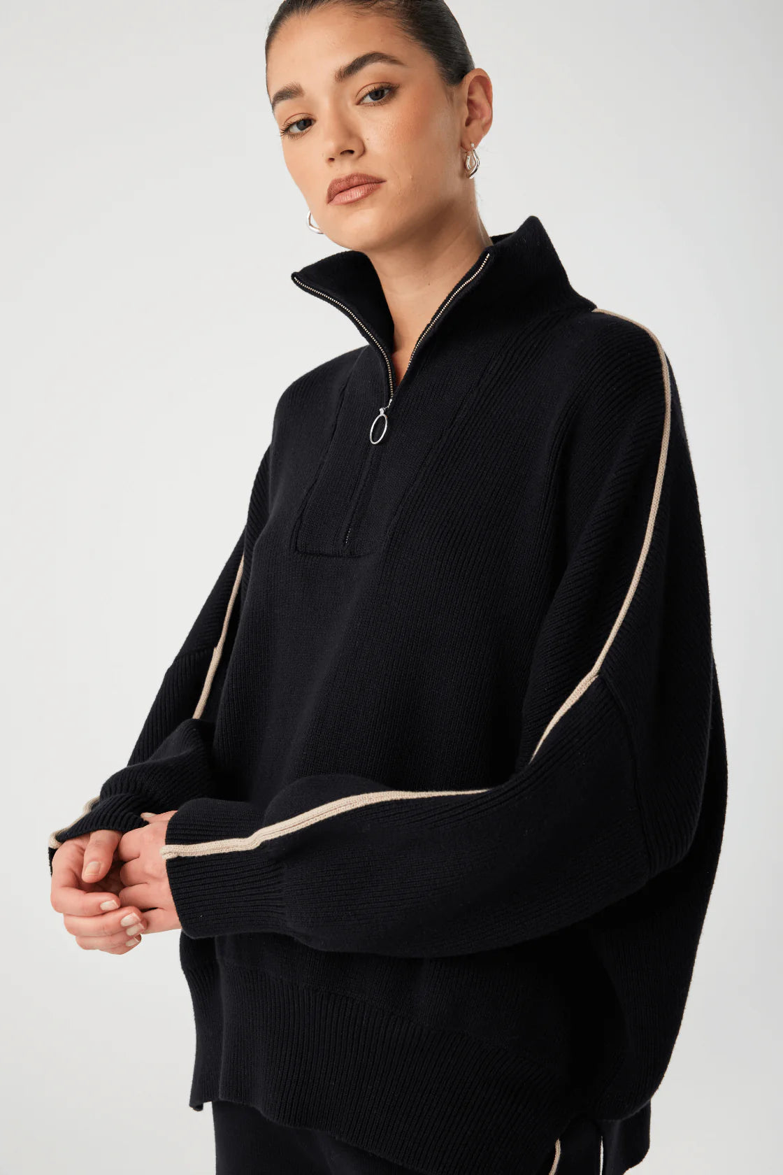 Milan Zip Sweater - Black/Taupe