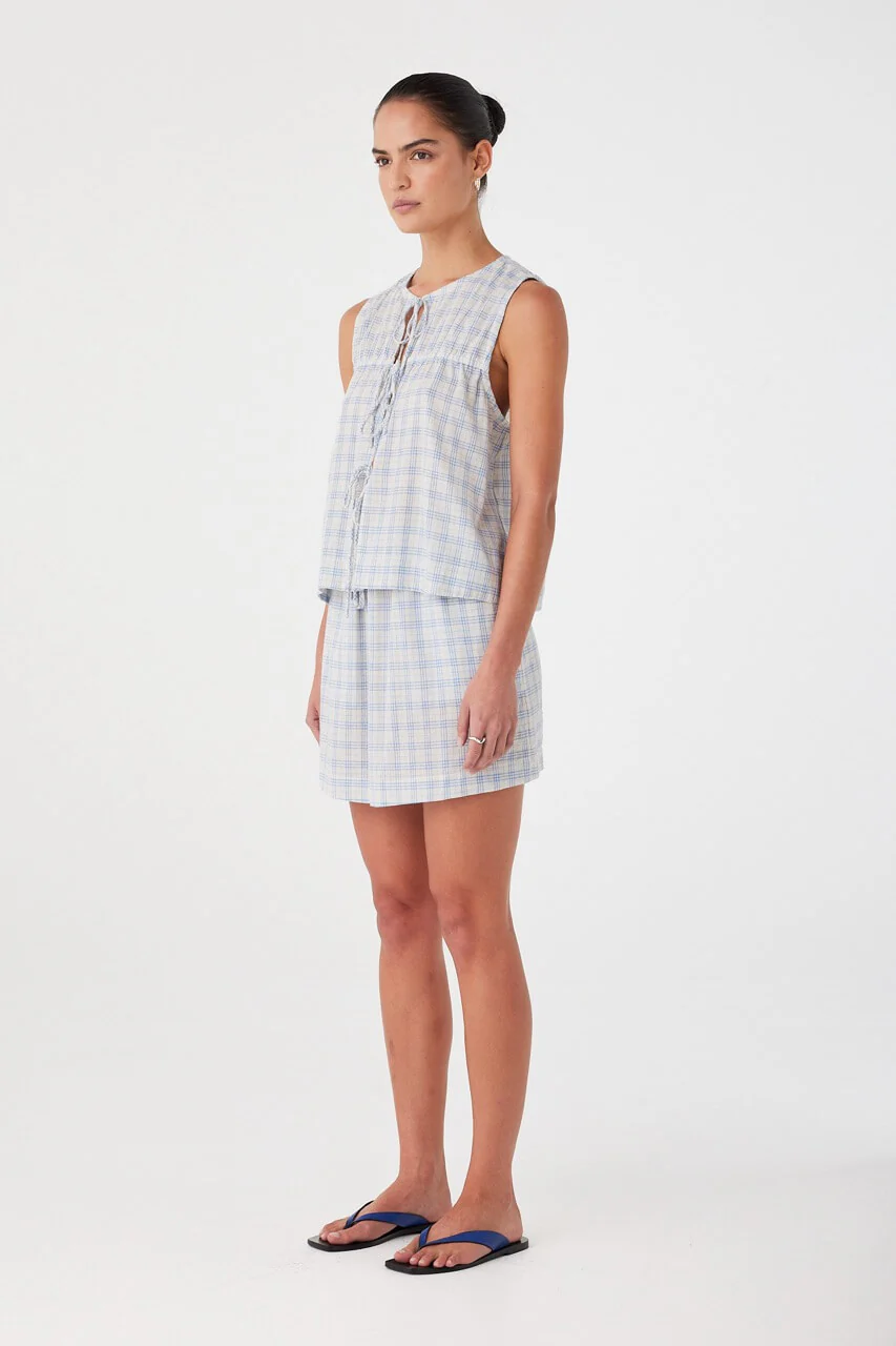 Camille Tie Top - Powder Blue Check