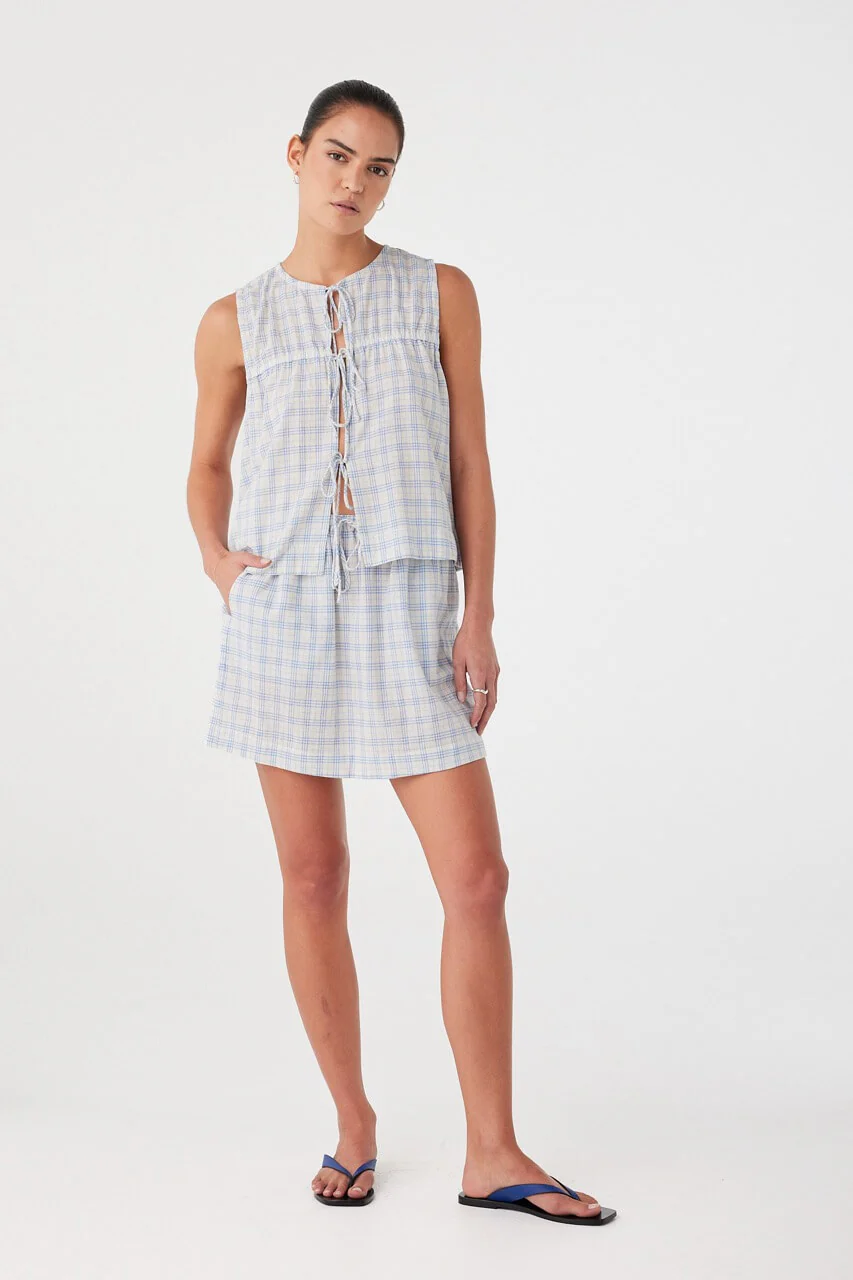 Camille Tie Top - Powder Blue Check