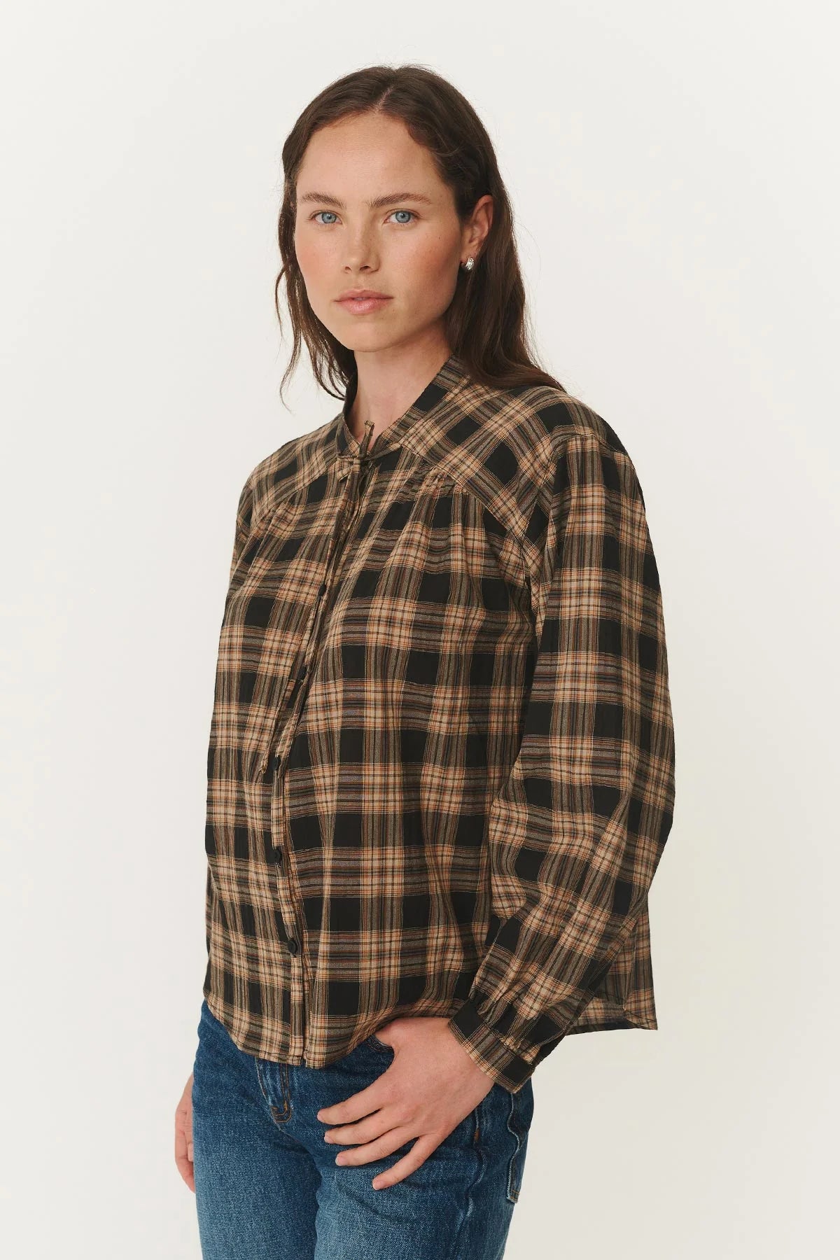 Cora Long Sleeve Blouse - Tobacco Plaid