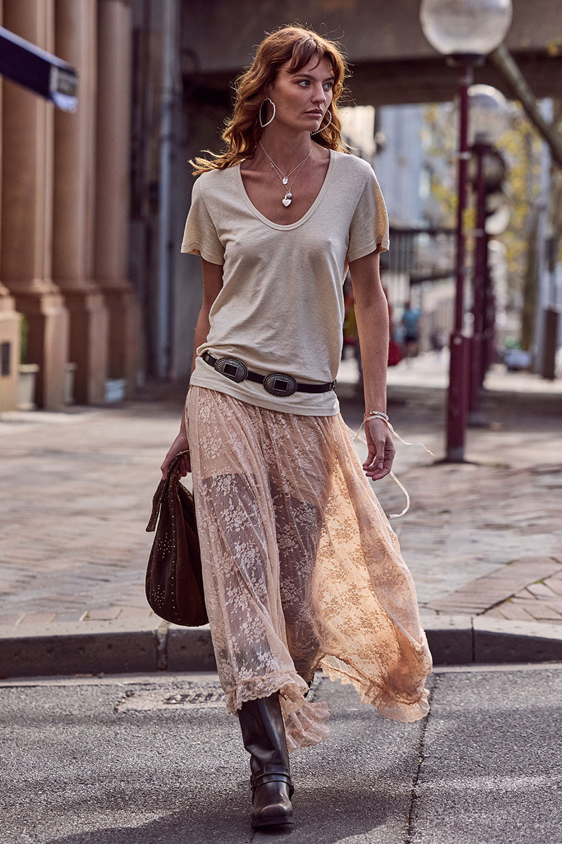 Labyrinth Lace Maxi Skirt - Peach Bliss