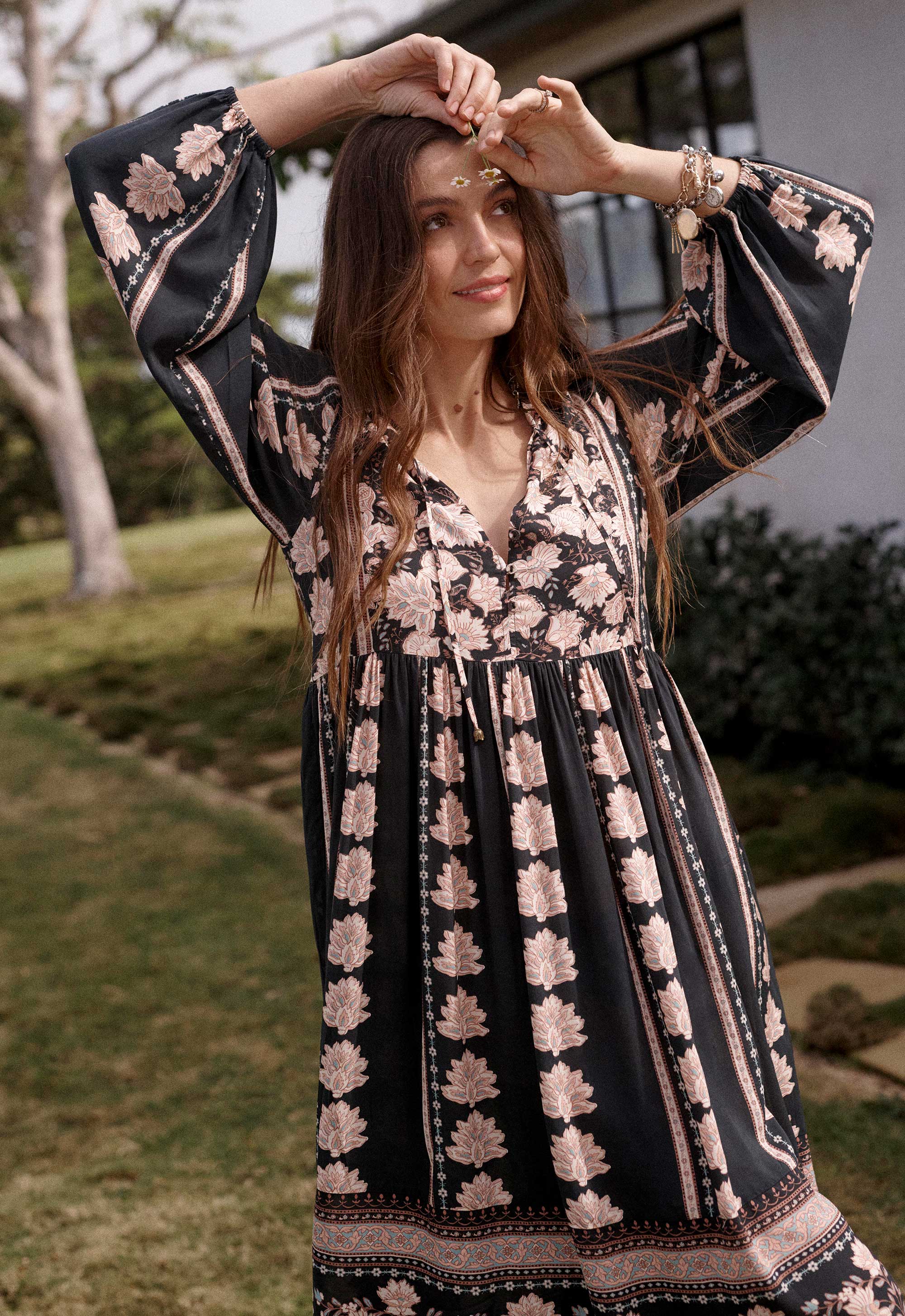 Petalwood Boho Midi Dress - Nightfall