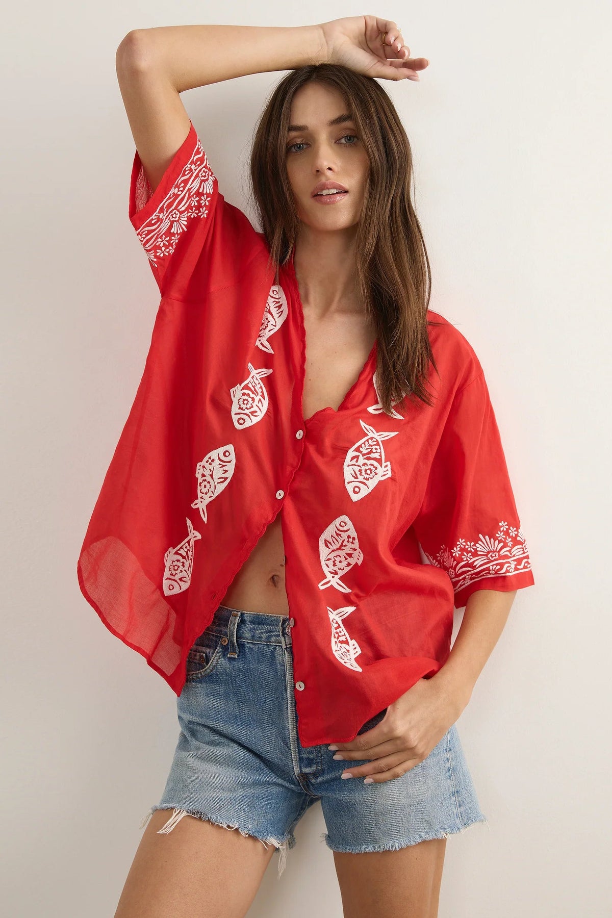 Sardine Embroidered Blouse - Red