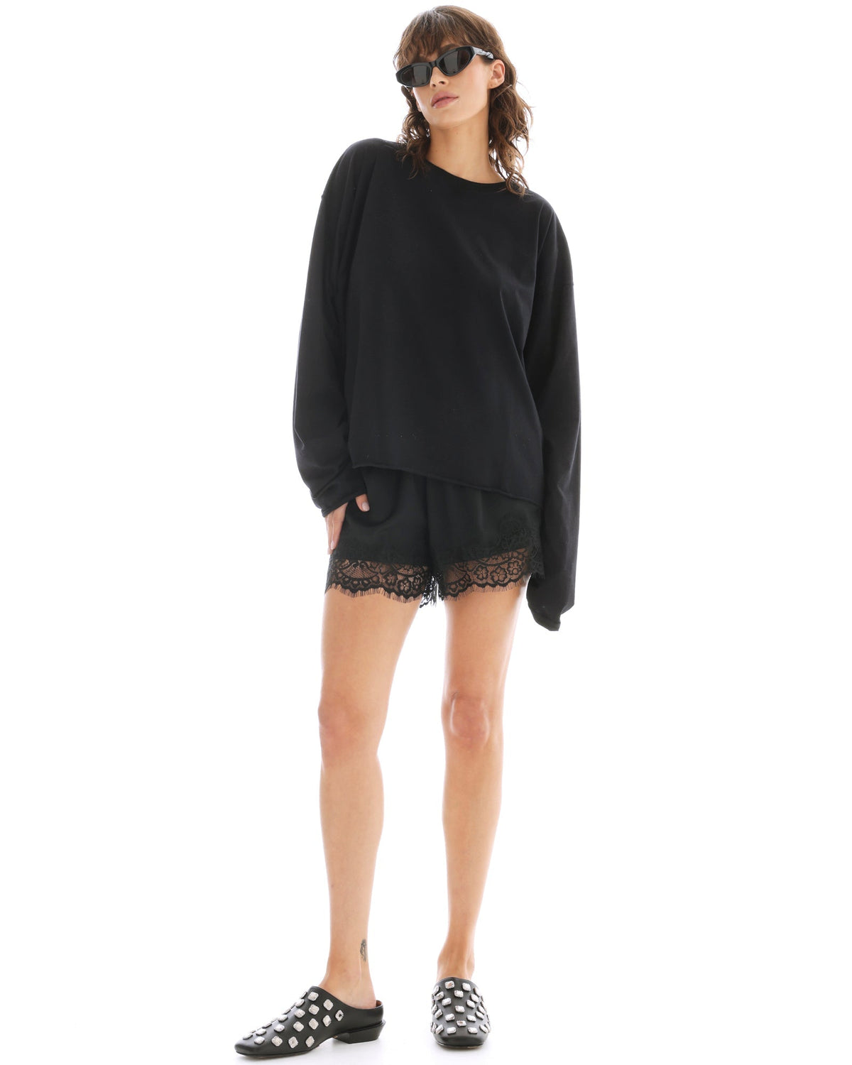 The Tales Lace Athena Shorts in Black, full length side