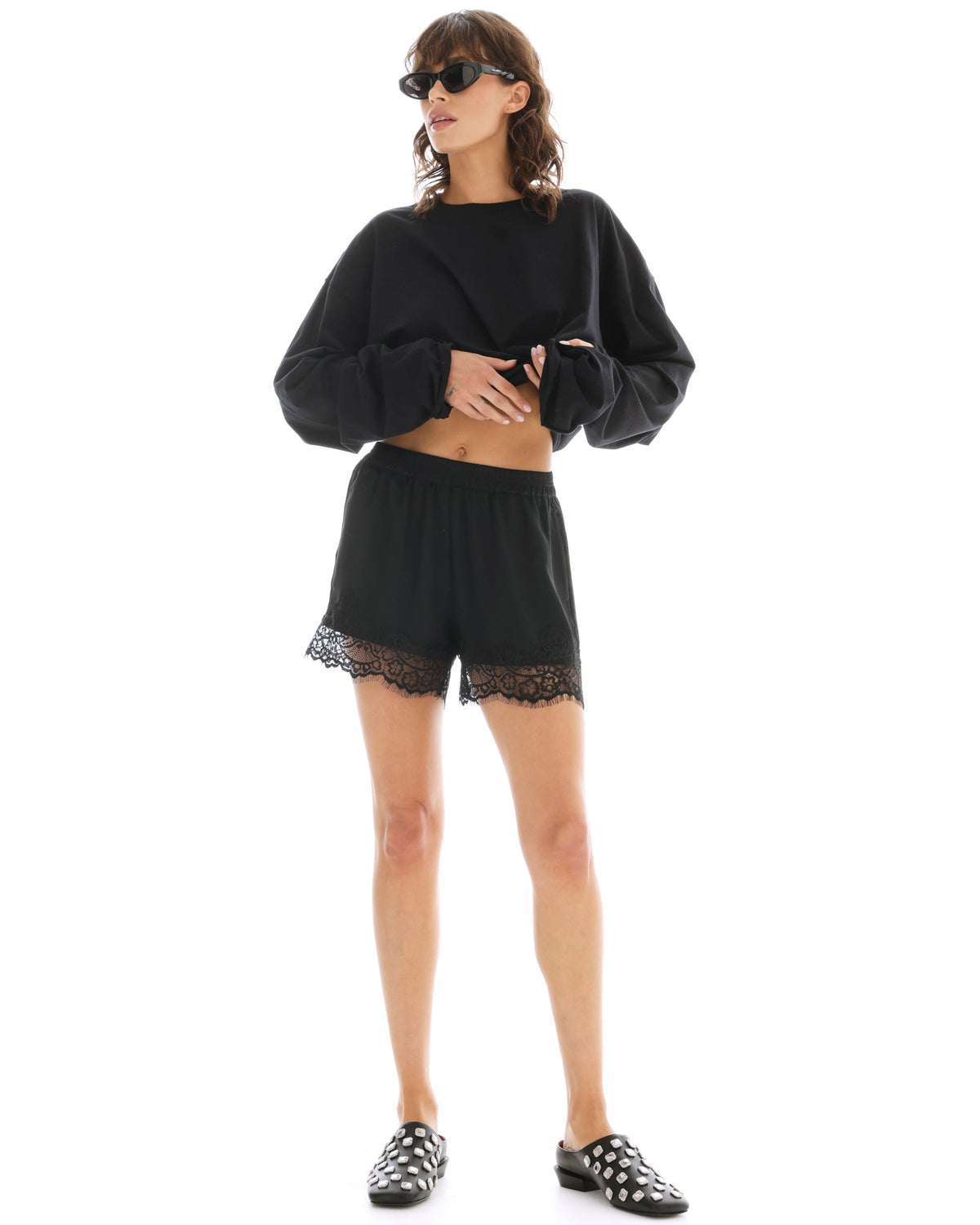 The Tales Lace Athena Shorts in Black, front view