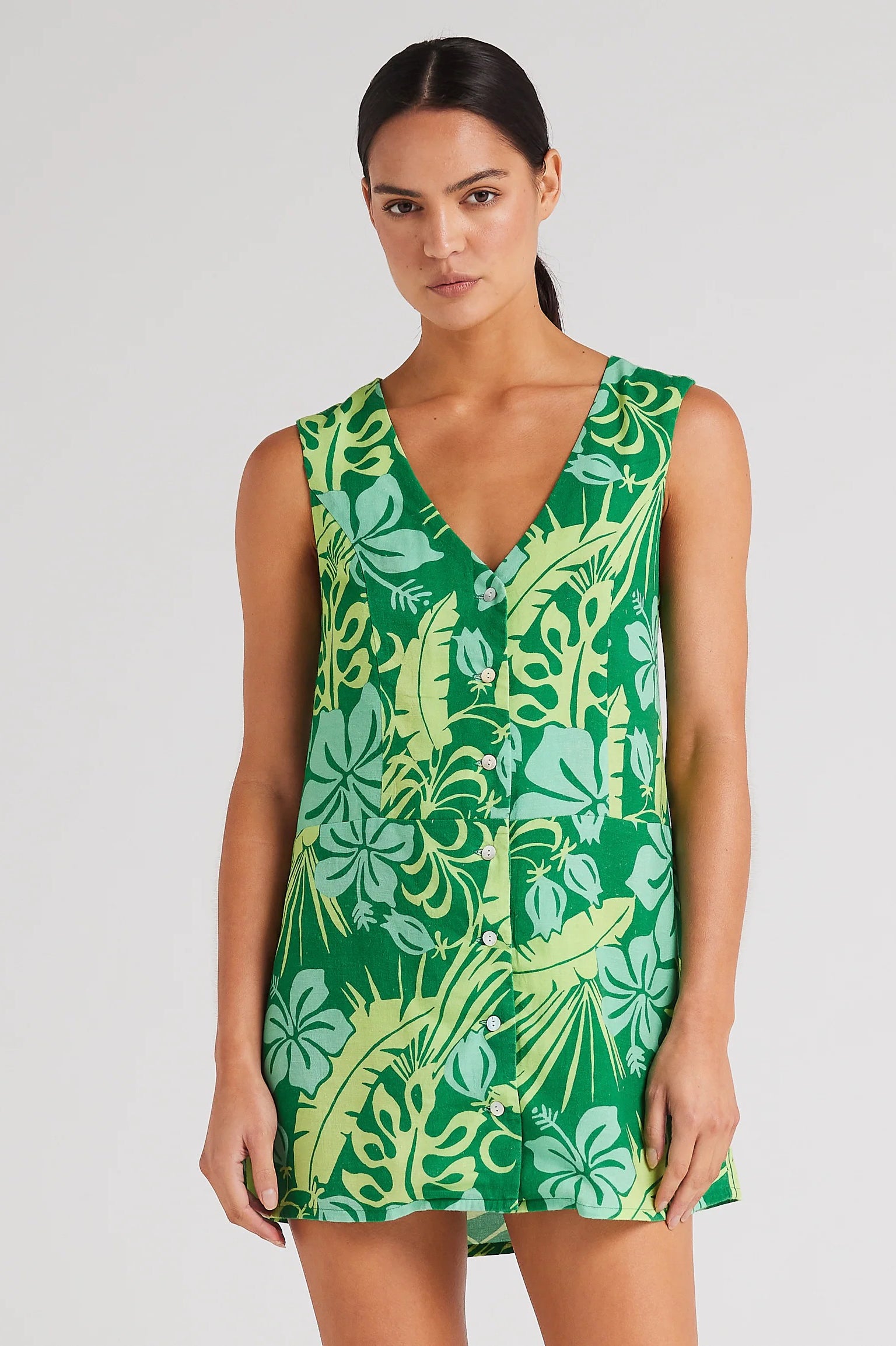 Tahiti V Button Up Dress - Leaf