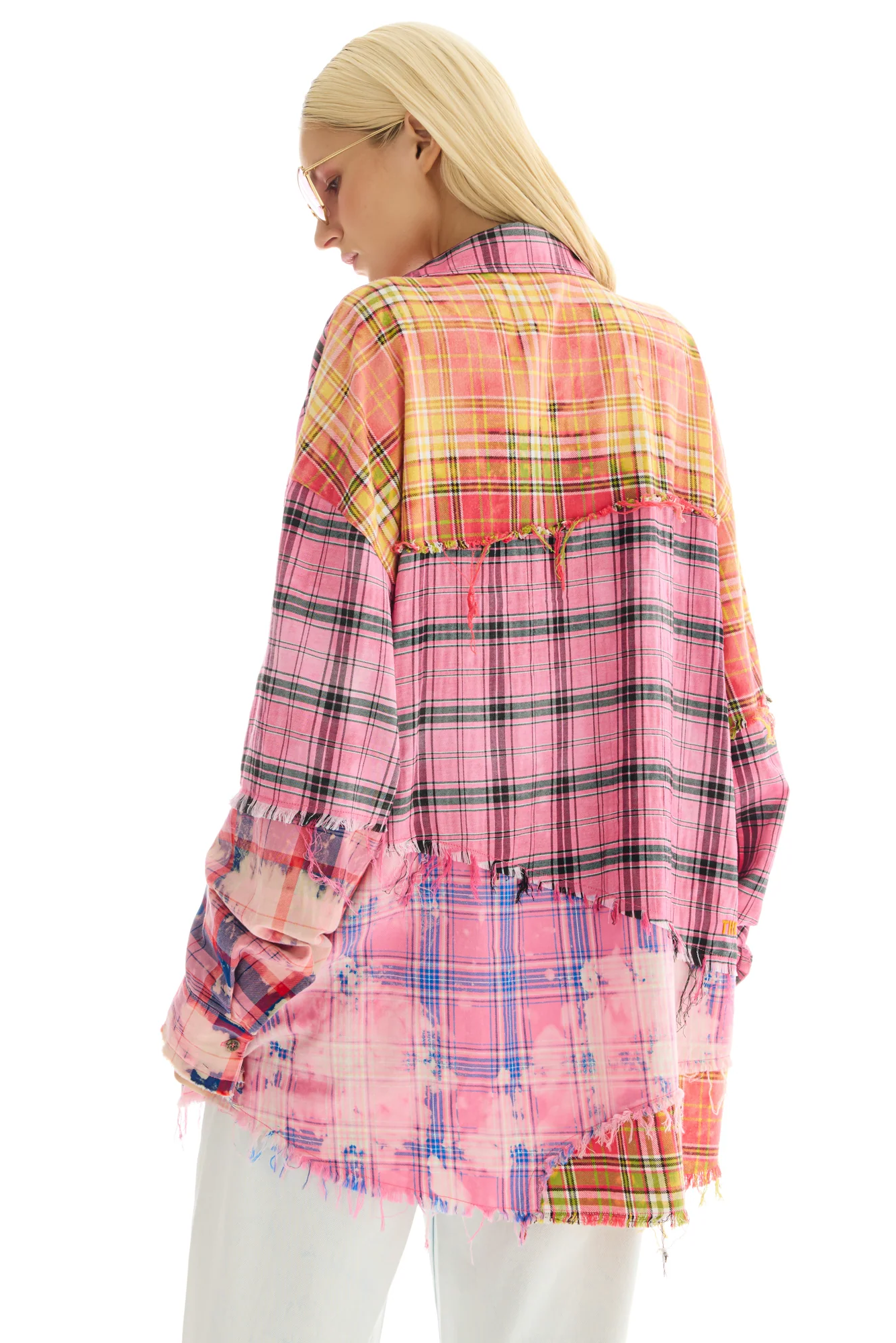 Half and Half Reworked Flannel Shirt - Pink