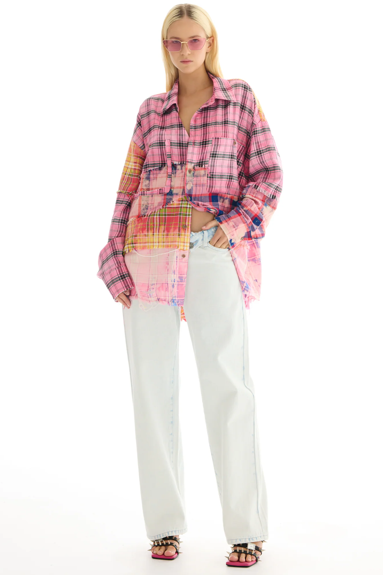 Half and Half Reworked Flannel Shirt - Pink