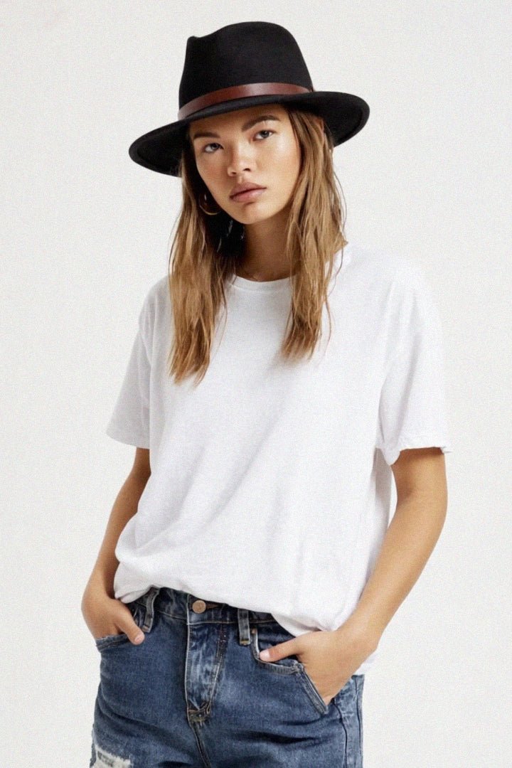 Messer Fedora - Black/Tan Band - Wide Brim Hat - Brixton - Women's fashion at The Freedom State