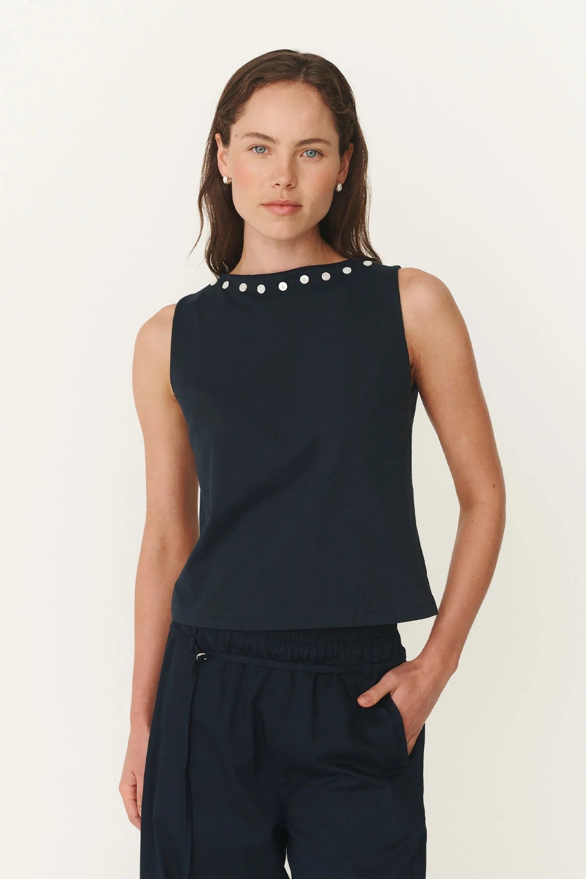 Muriel Button Boatneck Tank - Ink - Fashion Tops - Rowie The Label - Women's fashion at The Freedom State