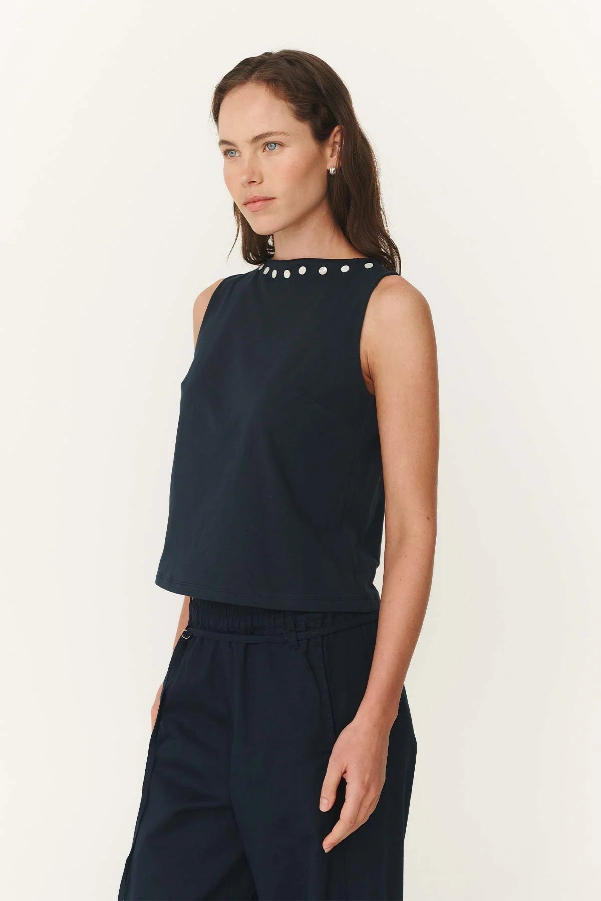 Muriel Button Boatneck Tank - Ink - Fashion Tops - Rowie The Label - Women's fashion at The Freedom State