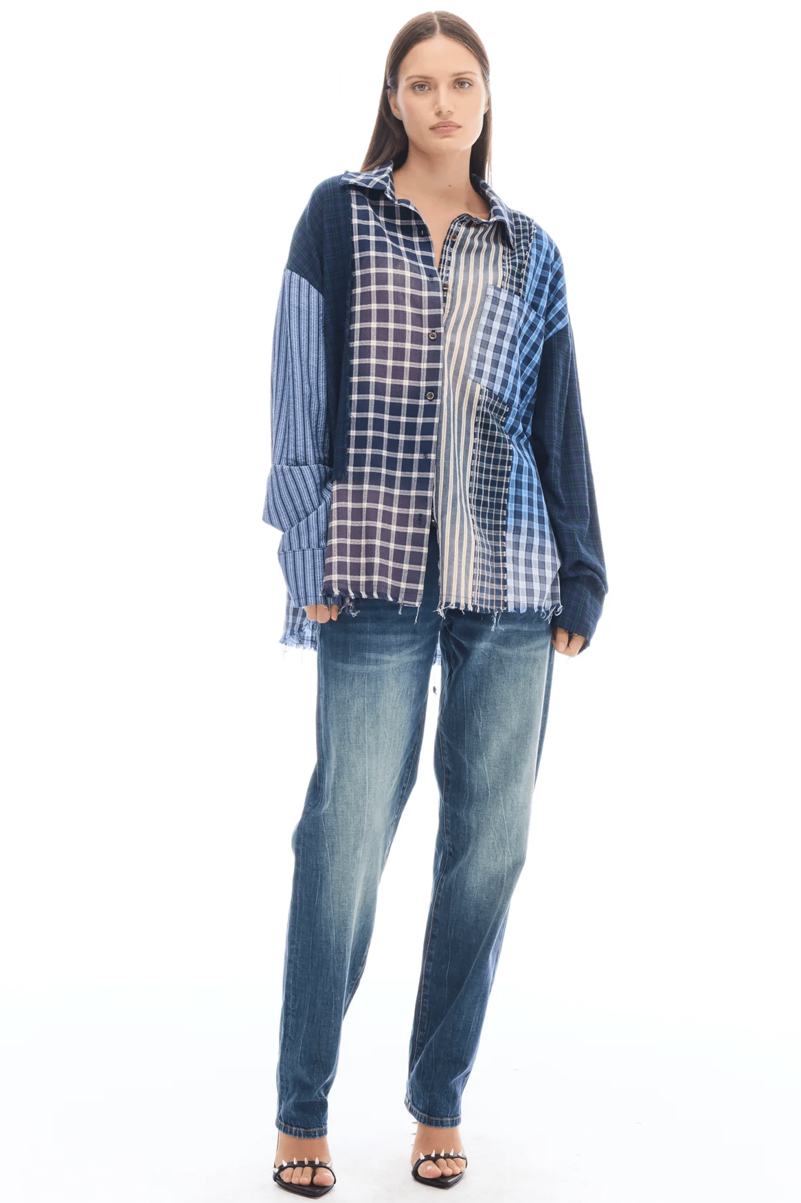 Patchwork Check Stripe Shirt - Blues - Shirts - The Tales - Women's fashion at The Freedom State