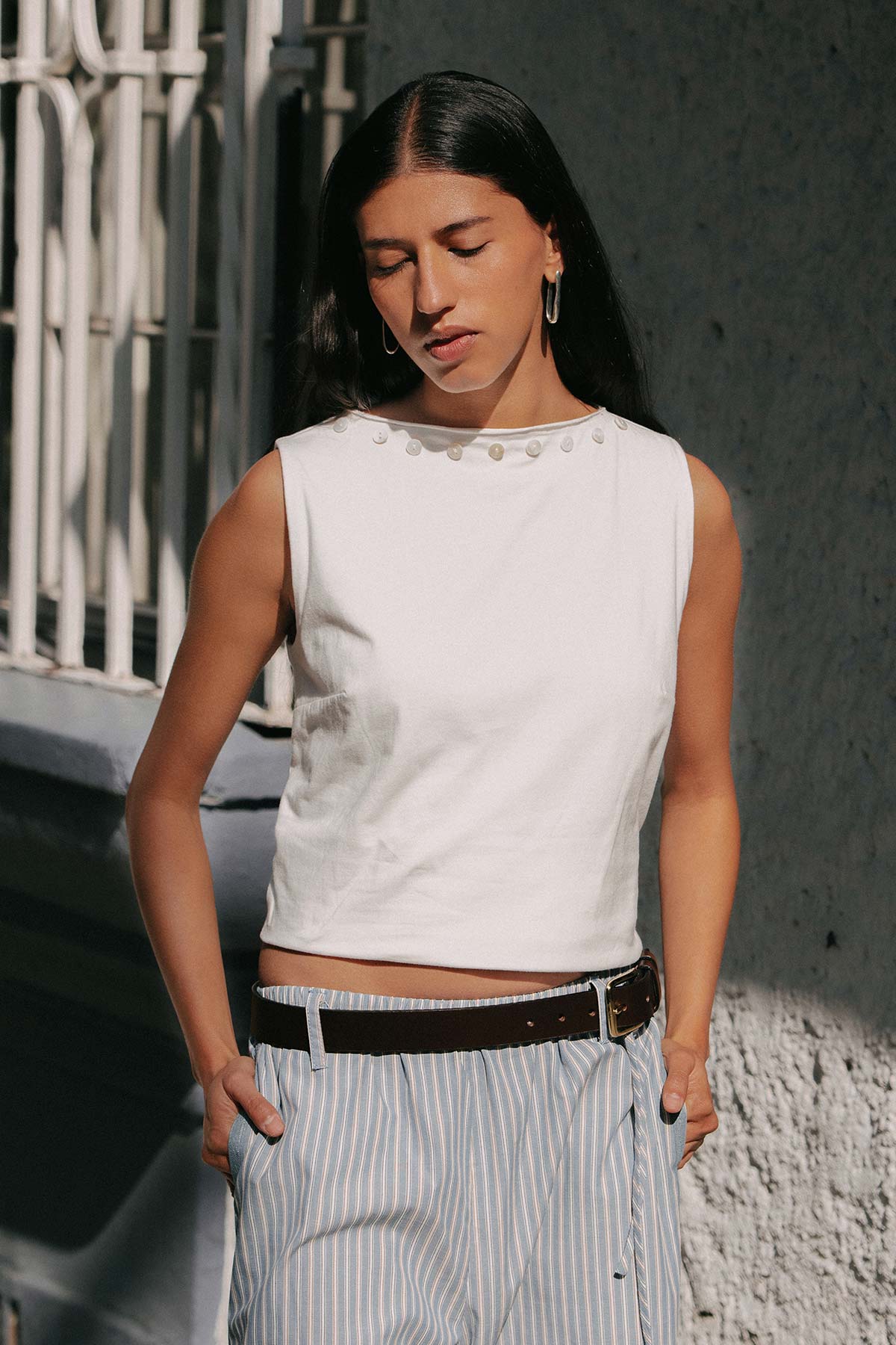 Muriel Button Boatneck Tank - Bone