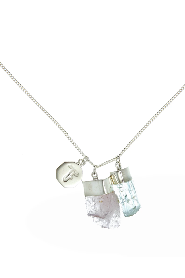 Super Power Charm Necklace - Aquamarine and Kunzite - Silver