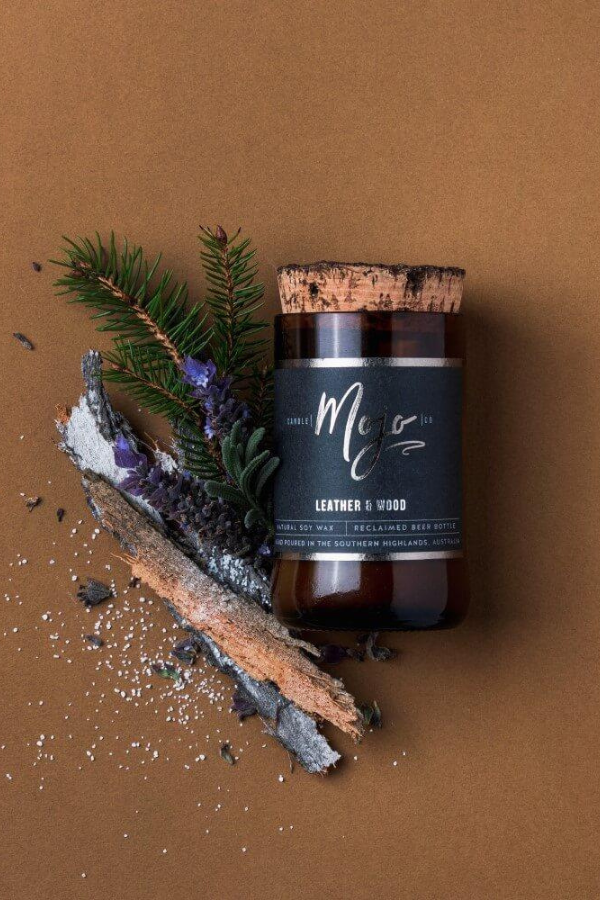 Beer Bottle Candle - Leather & Wood