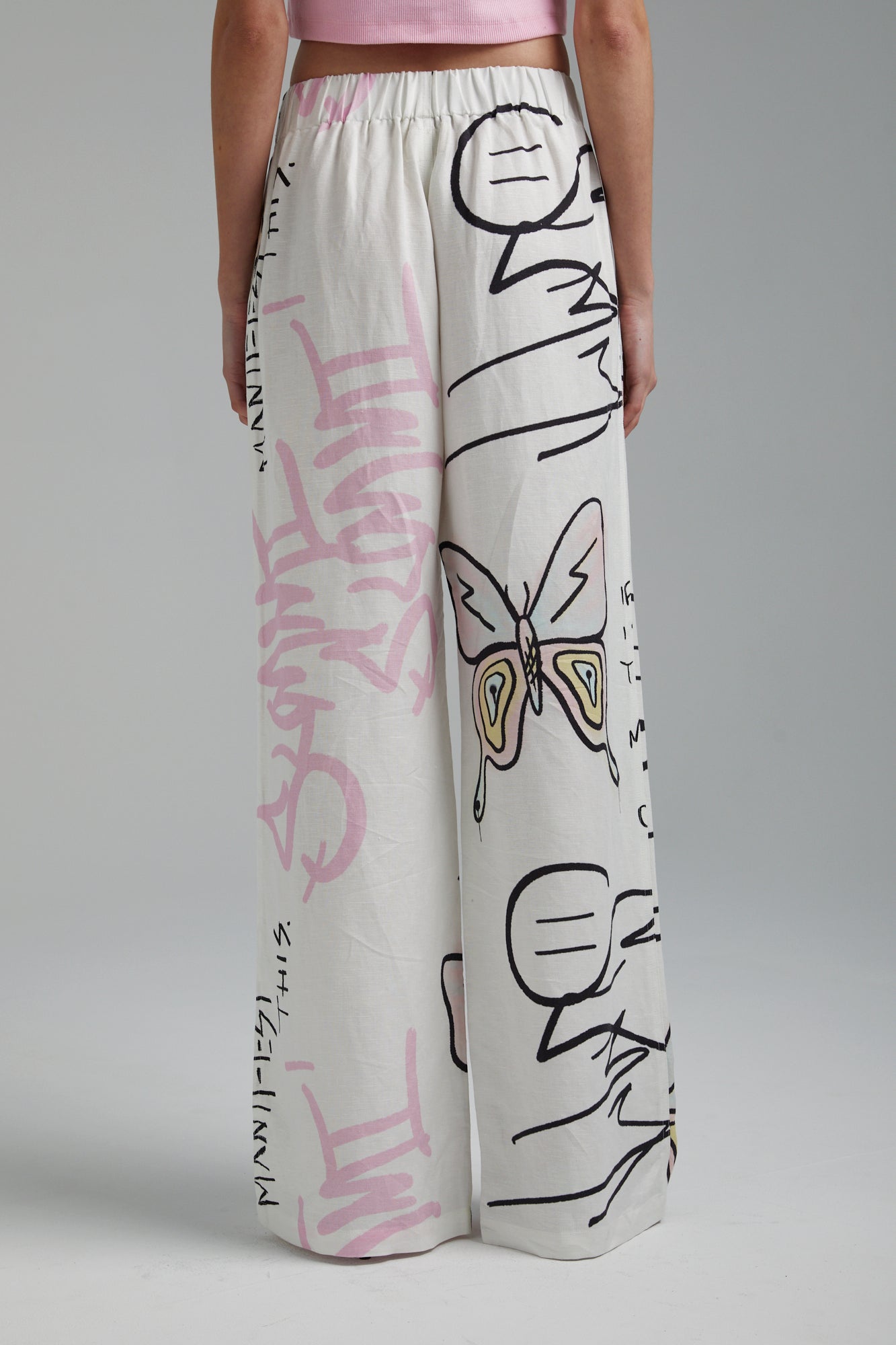 Linen Pants - Graffiti Butterfly White