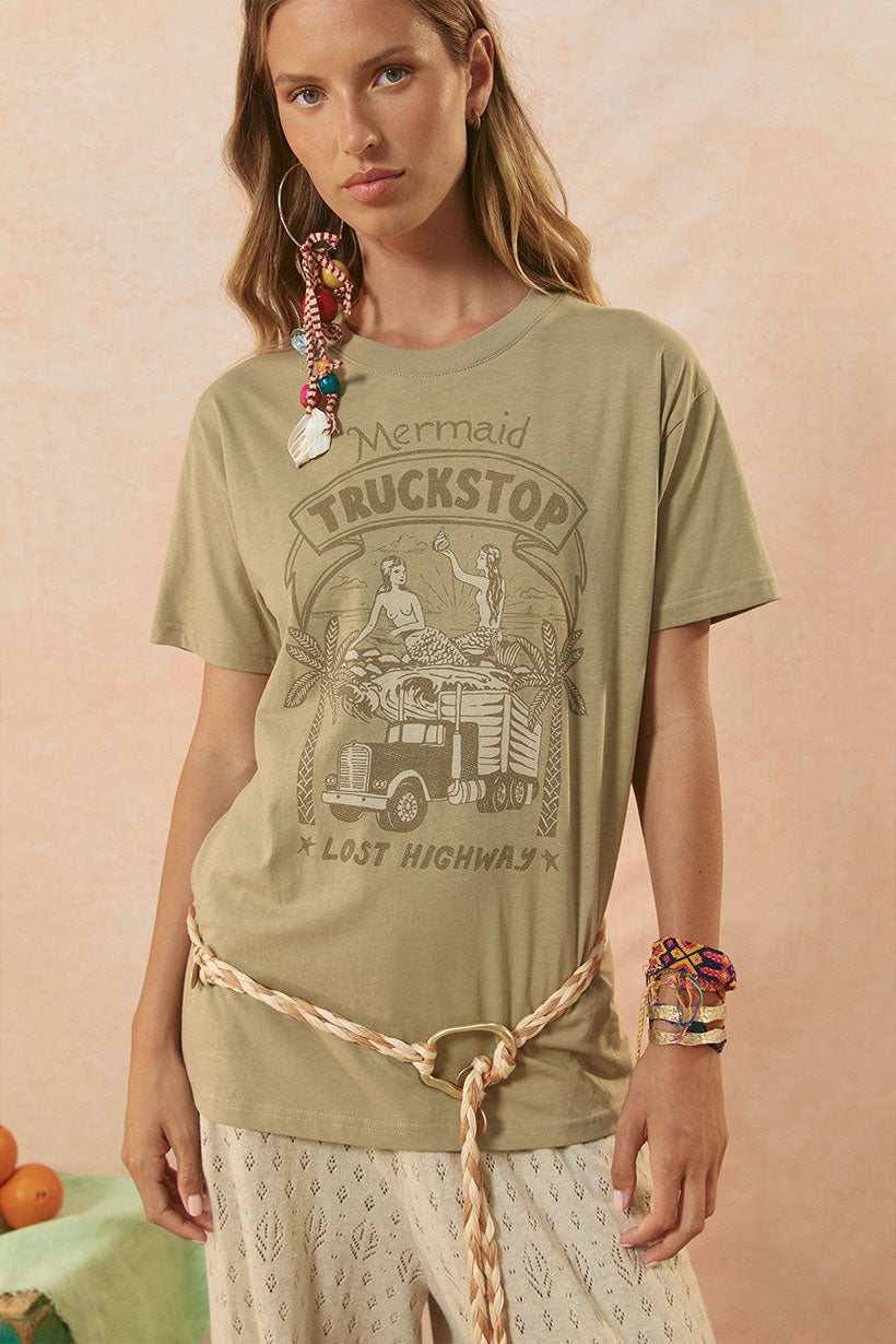 Mermaid Truckstop Biker Tee - Khaki
