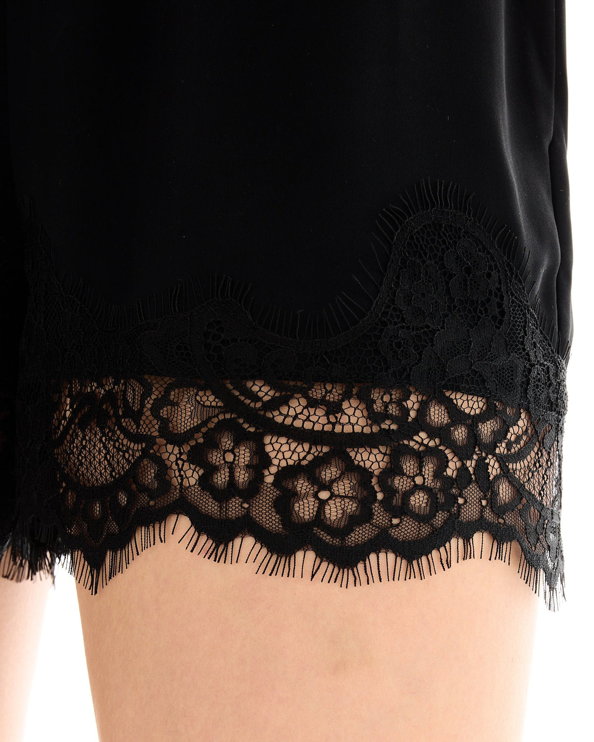 The Tales Lace Athena Shorts in Black, Chantilly lace hem close-up