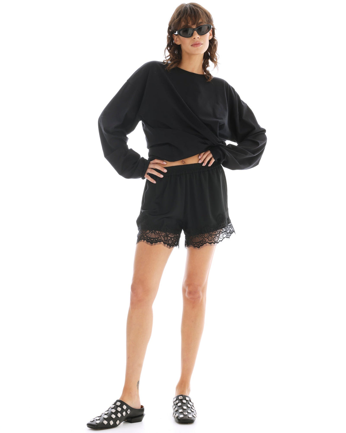The Tales Lace Athena Shorts in Black, full length front