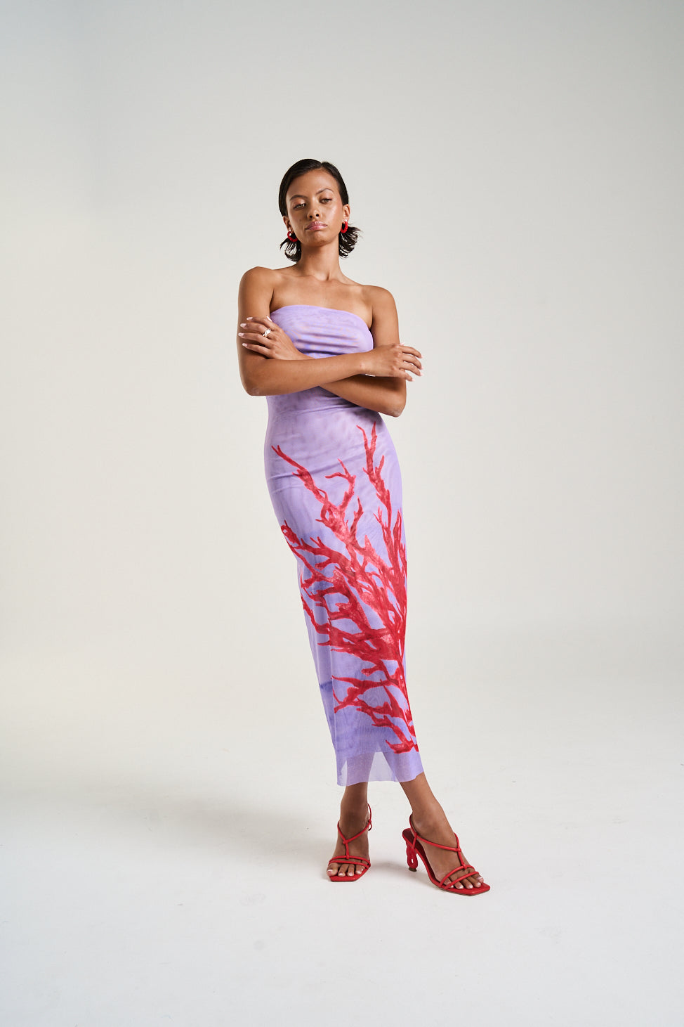 Strapless Mesh Dress - Coral