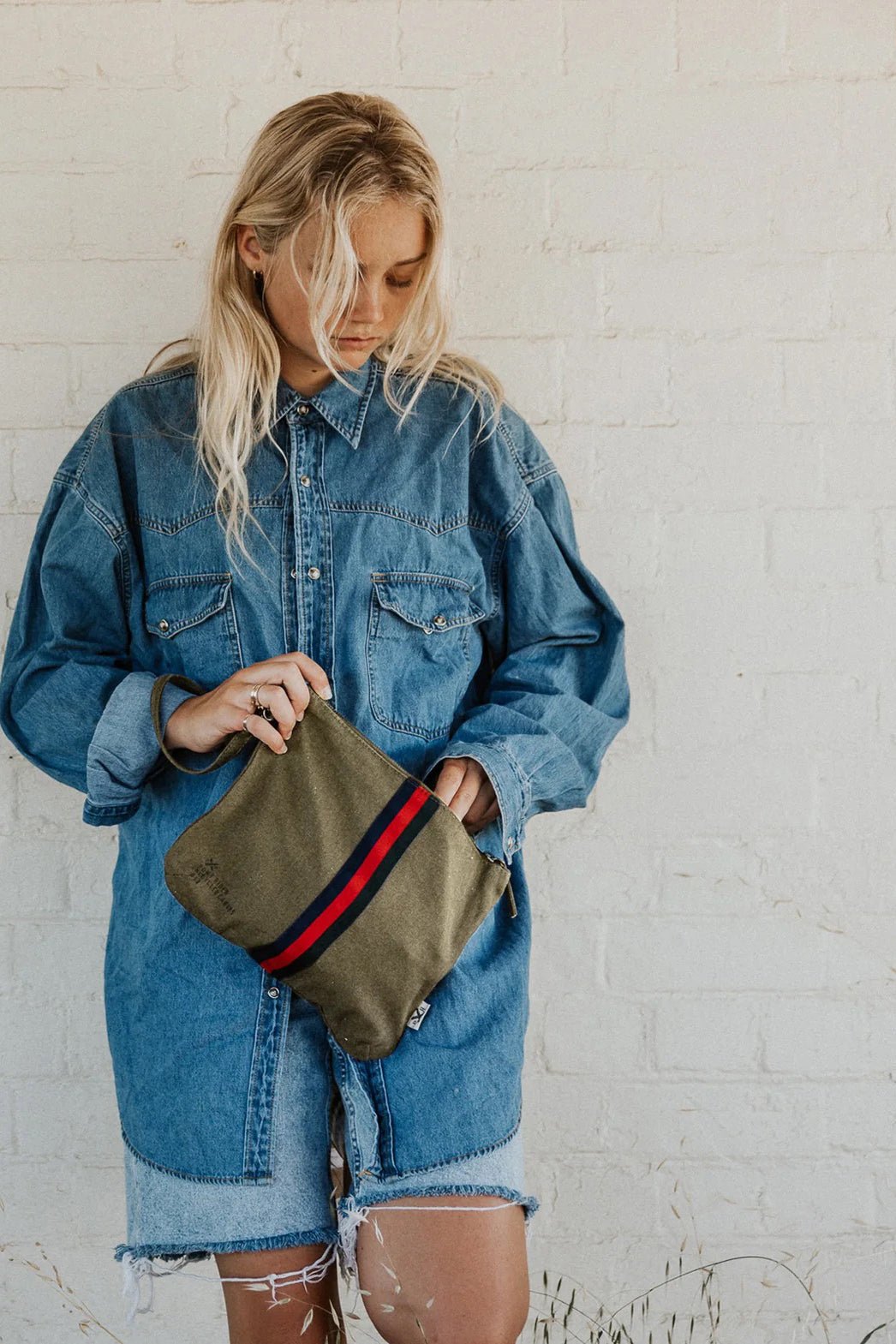 Escapee Clutch Bag with Strap - Upcycled/Khaki - Bags - Pony Rider - Women's fashion at The Freedom State