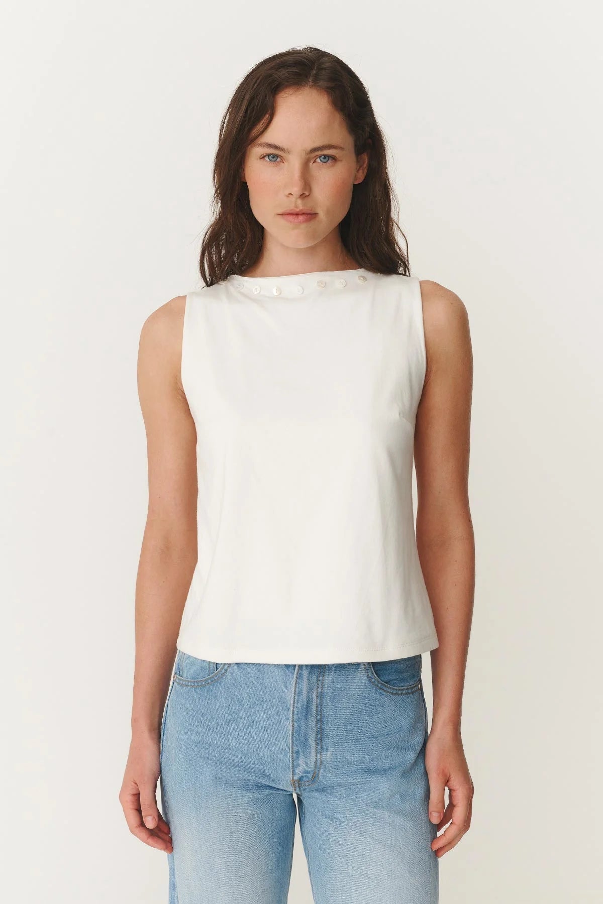 Muriel Button Boatneck Tank - Bone - Fashion Tops - Rowie The Label - Women's fashion at The Freedom State