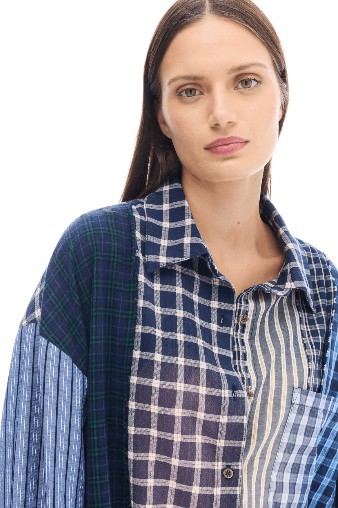 Patchwork Check Stripe Shirt - Blues - Shirts - The Tales - Women's fashion at The Freedom State