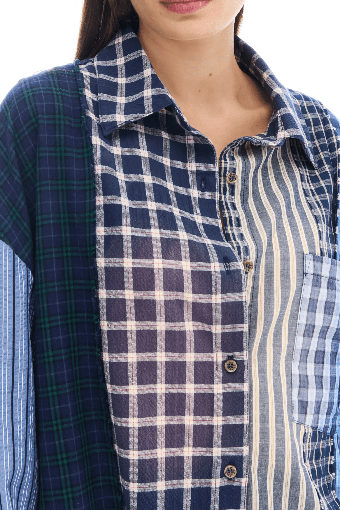 Patchwork Check Stripe Shirt - Blues - Shirts - The Tales - Women's fashion at The Freedom State