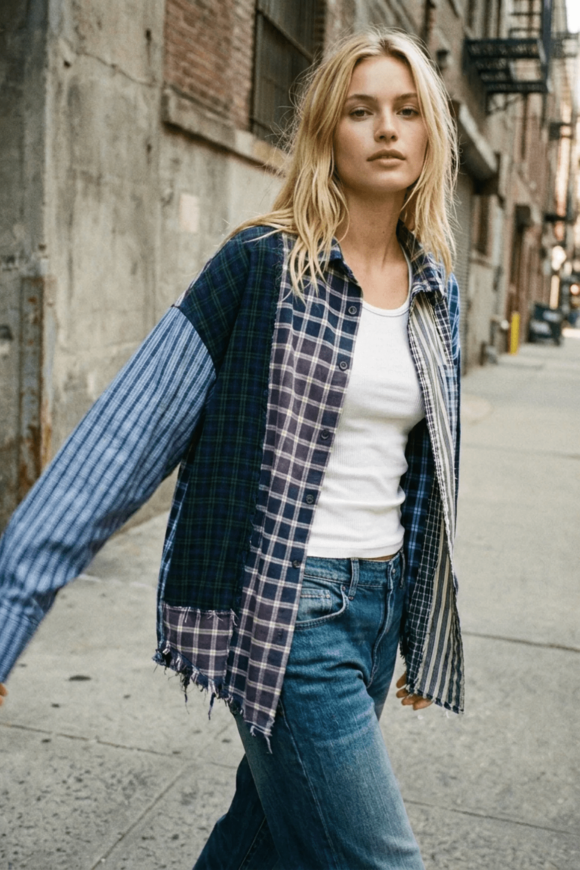 Patchwork Check Stripe Shirt - Blues - Shirts - The Tales - Women's fashion at The Freedom State