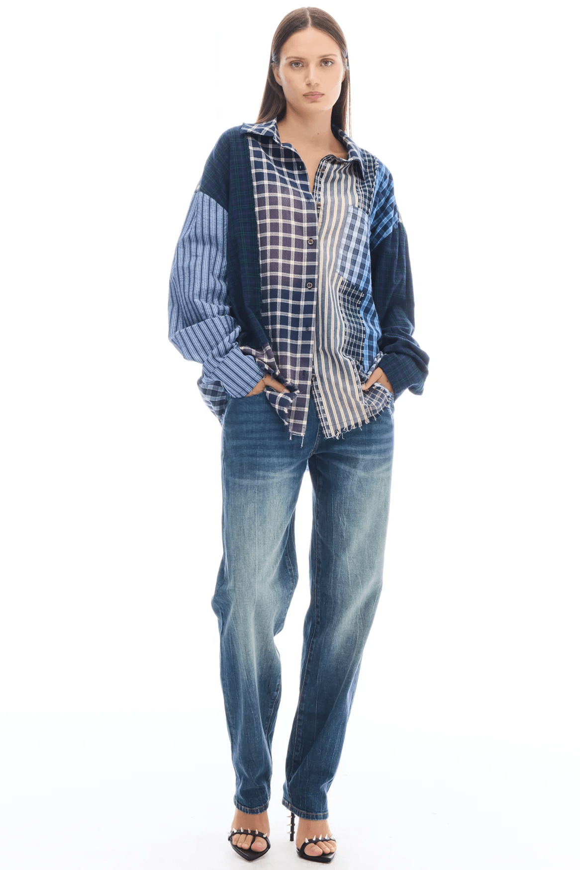 Patchwork Check Stripe Shirt - Blues - Shirts - The Tales - Women's fashion at The Freedom State