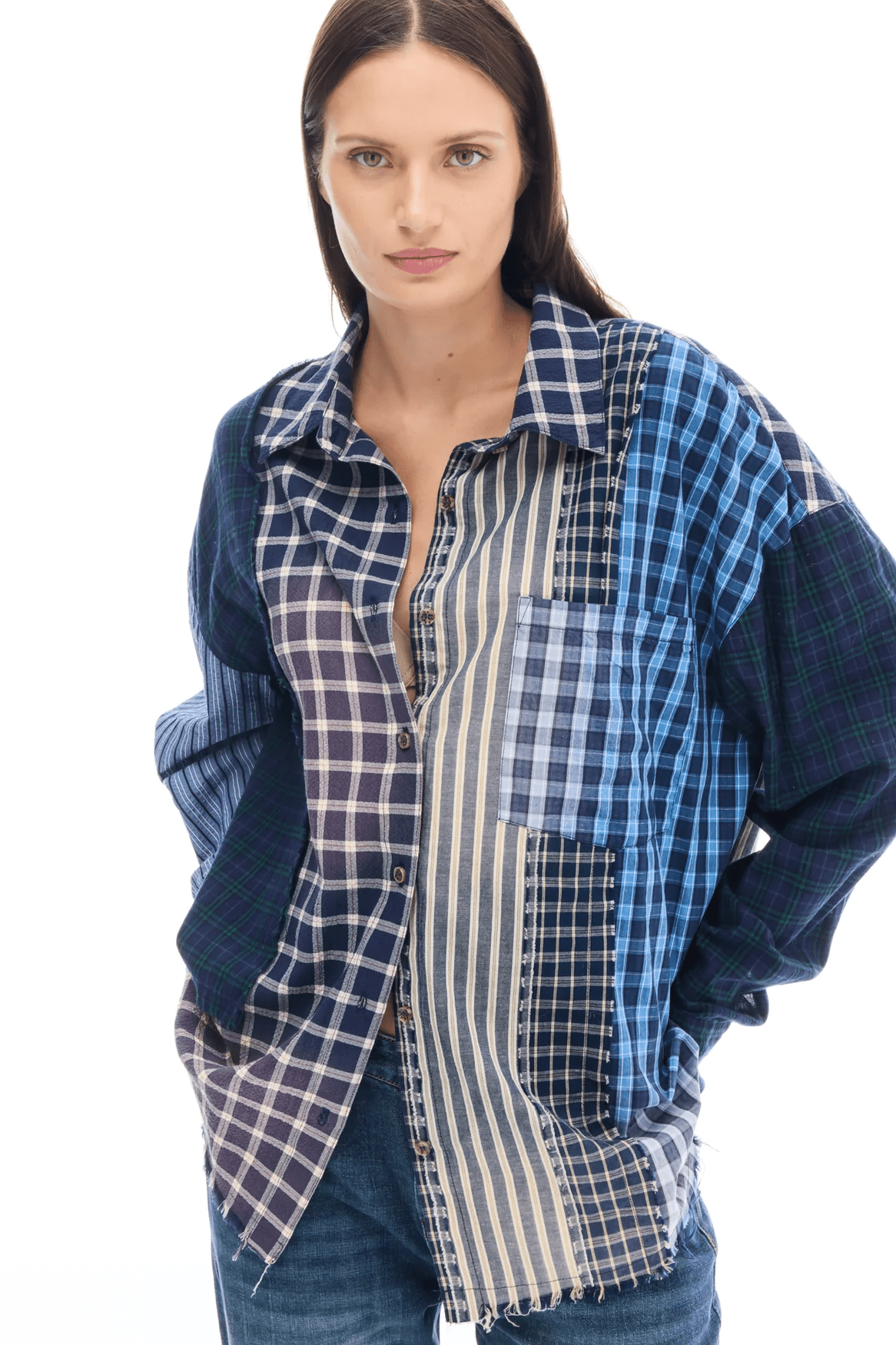 Patchwork Check Stripe Shirt - Blues - Shirts - The Tales - Women's fashion at The Freedom State