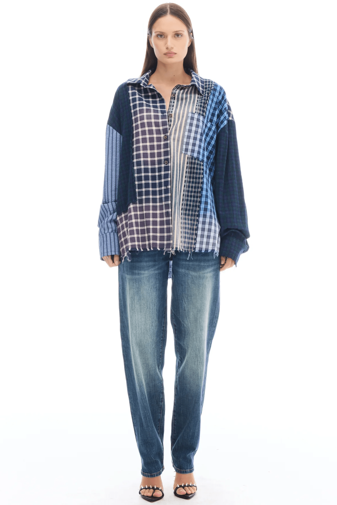Patchwork Check Stripe Shirt - Blues - Shirts - The Tales - Women's fashion at The Freedom State