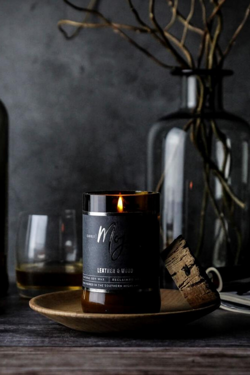 Beer Bottle Candle - Leather & Wood